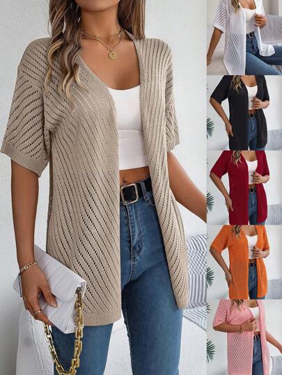 Hollow Out Knitted Short Sleeve Cardigan, Casual Style For Spring/Summer