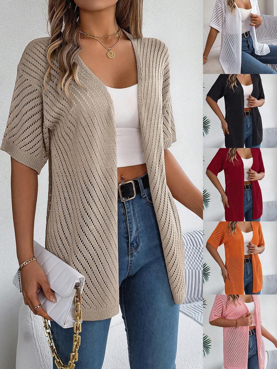 Cárdigan de punto de manga corta con diseño hueco, informal, para primavera y verano