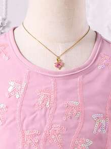 SHEIN Young Girl's  Style Pink Mesh & Sequin  Dress For Eid Al-Adha, Summer