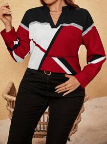 SHEIN Unity 大码女式夏季几何印花缺口 V 领长袖宽松优雅衬衫新年衣服 - 紅色 - 查看 4