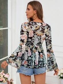 SHEIN VCAY Women's Floral Print V-Neck Long Sleeve Shirt, Summer,Long Sleeve Tops - Multicolor - View 2