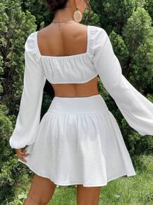 SHEIN VCAY Solid Color Woven Crop Top & High Waist Skirt Women's Vacation Two-Piece Set - White - View 5
