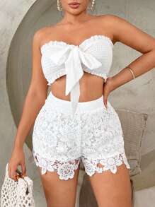 SHEIN SXY 綁帶露肚上衣和蕾絲短褲度假2件套裝 - 白色 - 查看 6