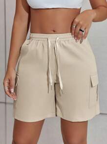 Street Style White Contrast Color Drawstring Elastic Waist Flap Pocket Straight Leg Casual Cargo Shorts, Spring Summer - 杏色 - 查看 5