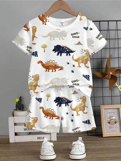 2 件套男婴恐龙印花圆领短袖短裤睡衣套装，舒适针织贴身夏季