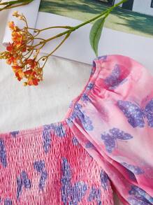 SHEIN VCAY Camisa de mujer de ajuste estrecho estilo vacacional con mangas cortas de burbuja con patrón impreso tejido y escote cuadrado - Rosa - Ver 3