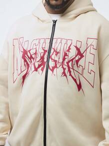 Manfinity VCAY 2 piezas Chaqueta con capucha de manga larga suelta de hombros caídos con estampado de letras y pantalones cortos casuales de unicolor para hombre de talla grande, para usar a diario en otoño e invierno