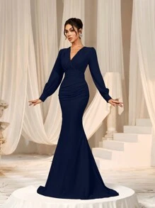 Faeriesty Women Elegant Elegant Cross-Over V-Neck Lantern Sleeve Mermaid Hem Dress - Sophisticated Timeless Design For Spring/Summer Weddings, Galas, Red Carpet Bridesmaid Dress,Summer Holiday Outfits - Navy Blue - View 7