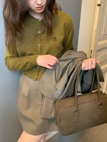 Cárdigan corto casual de primavera y otoño con bordado sencillo, Top de manga larga - Verde Oliva - Ver 3