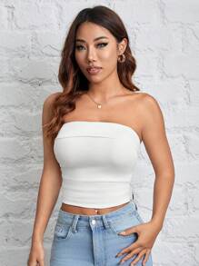 SHEIN PETITE White Knitted Tight Tube Top - White - View 5