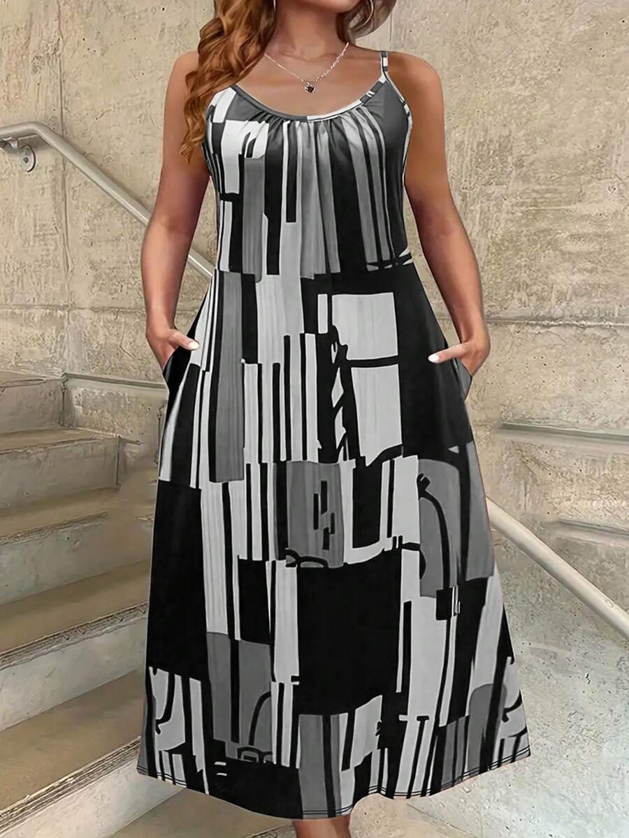 Vestido slip elegante con estampado geométrico aleatorio para mujeres de talla grande - Gris - Ver 1