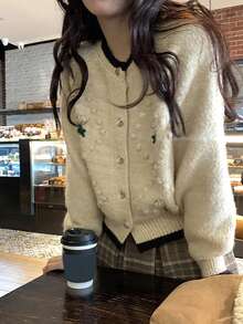 Women Simple Casual Single Breasted Contrast Trim Long Sleeve Cardigan,Long Sleeve Tops - Beige - View 3