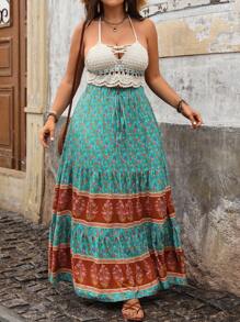 SHEIN Holidaya Plus Size Váy kiểu dáng kỳ nghỉ có in họa tiết cổ điển - màu xanh lá - Xem 6