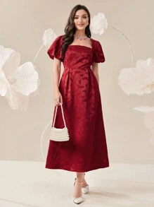 Modelyn 勃艮第红优雅女士夏季蝴蝶提花泡泡袖长裙 - 酒紅色 - 查看 3