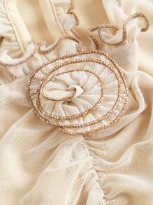 SHEIN MOD Áo thun tay ngắn cổ yếm họa tiết hoa 3D lãng mạn cổ điển, Boho, Áo, Áo đồng quê - Màu xanh lam - Xem 4