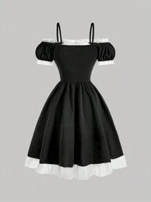 SHEIN MOD 女式黑白對比泡泡袖蕾絲無肩連身裙，黑色優雅裙子，塑身連衣裙，無肩帶裙子，優雅晚禮服，返校服裝，休閒連衣裙，泡泡裙，黑色裙子，下午茶裙子，日常外出裙子 - 黑與白 - 查看 2