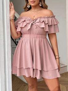 SHEIN Clasi Plus Size Summer Simple Ruffle Ruffle Hem Romper - Dusty Pink - View 8