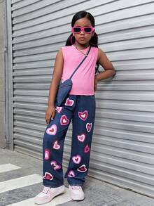 SHEIN Explorewe 少女夏季纯色圆领上衣和爱心印花阔腿裤休闲两件套 - 粉色 - 查看 5