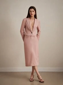GENKIRA Conjunto de traje de chaqueta limpio y elegante para la oficina con blazer corto y sencillo con un solo botón combinado con falda recta de longitud media - Rosa - Ver 1