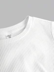 SHEIN Girlism 少女針織固色斜條紋短袖T卹，採用褶紋和分割式下擺設計 - 白色 - 查看 3