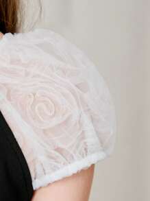 Tween Girl Loose Elegant Color-Block Puff Sleeve Dress With Back Bow Decoration