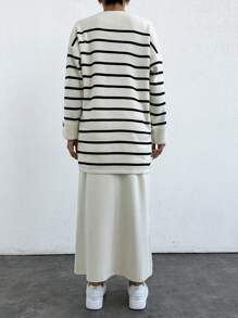 EURMUSE Striped Pattern Drop Shoulder Sweater & Knit Skirt - Black and White - View 2