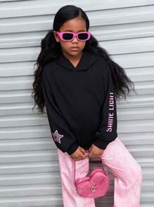 SHEIN Explorewe Tween Girl Car Back & Star Sleeve Letter Print Sweatshirt - Black - View 2