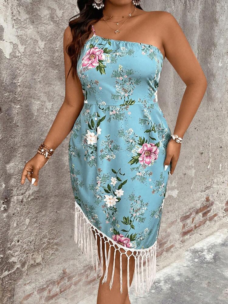 Plus Size Women's Bohemian Printed One Shoulder Tassel Dress For Vacation