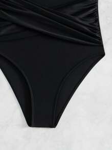 SHEIN Swim Summer Women's Solid Color Simple Style Daily One-Piece Swimsuit, Full Coverage Swim Wear Bathing Suit - Black - View 3