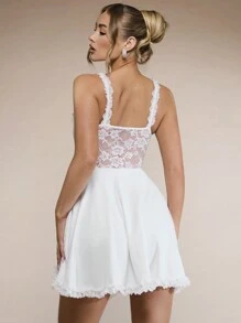 SHEIN BAE 女士夏季魚骨修身肩帶蕾絲拼接裙 - 白色 - 查看 2