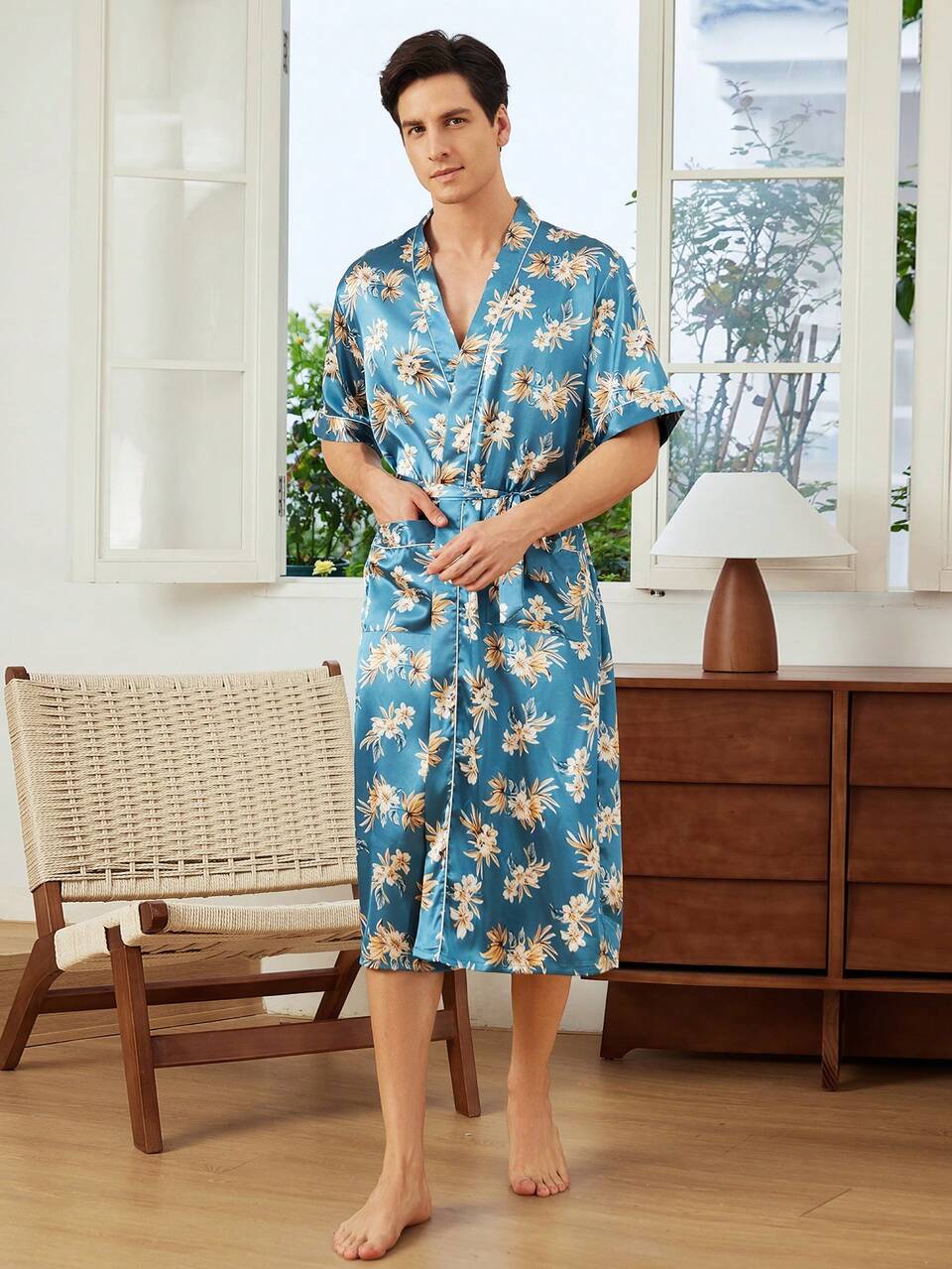 Men's Tropical Plant Printed Short Sleeve Casual Sleepwear/Robe For Vacation