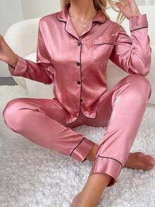 Conjunto de pijama de manga larga con pantalones de mujer con ribete de contraste de color - Rosa vieja - Ver 6