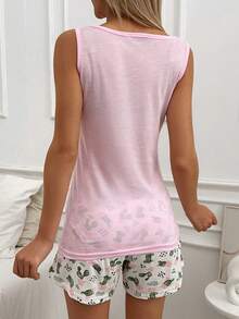 RueChic Set pigiama con grafica slogan & cactus con Copriocchi - Rosa - Visualizzare 2