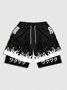 ROMWE MEN Anime Quần short bóng rổ đơn giản in hình ngọn lửa dành cho nam mặc hàng ngày, đi học - màu đen - Xem 3