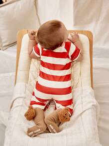 SHEIN 4 Bộ áo liền quần trang trí động vật thoải mái thông thường cho bé trai bao gồm mũ và tất - Gỗ đỏ - Xem 2