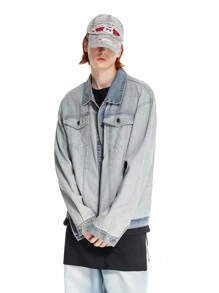 Manfinity Hypemode 男式褪色复古浅蓝色破洞牛仔大码夹克 - 水鴨藍 - 查看 5