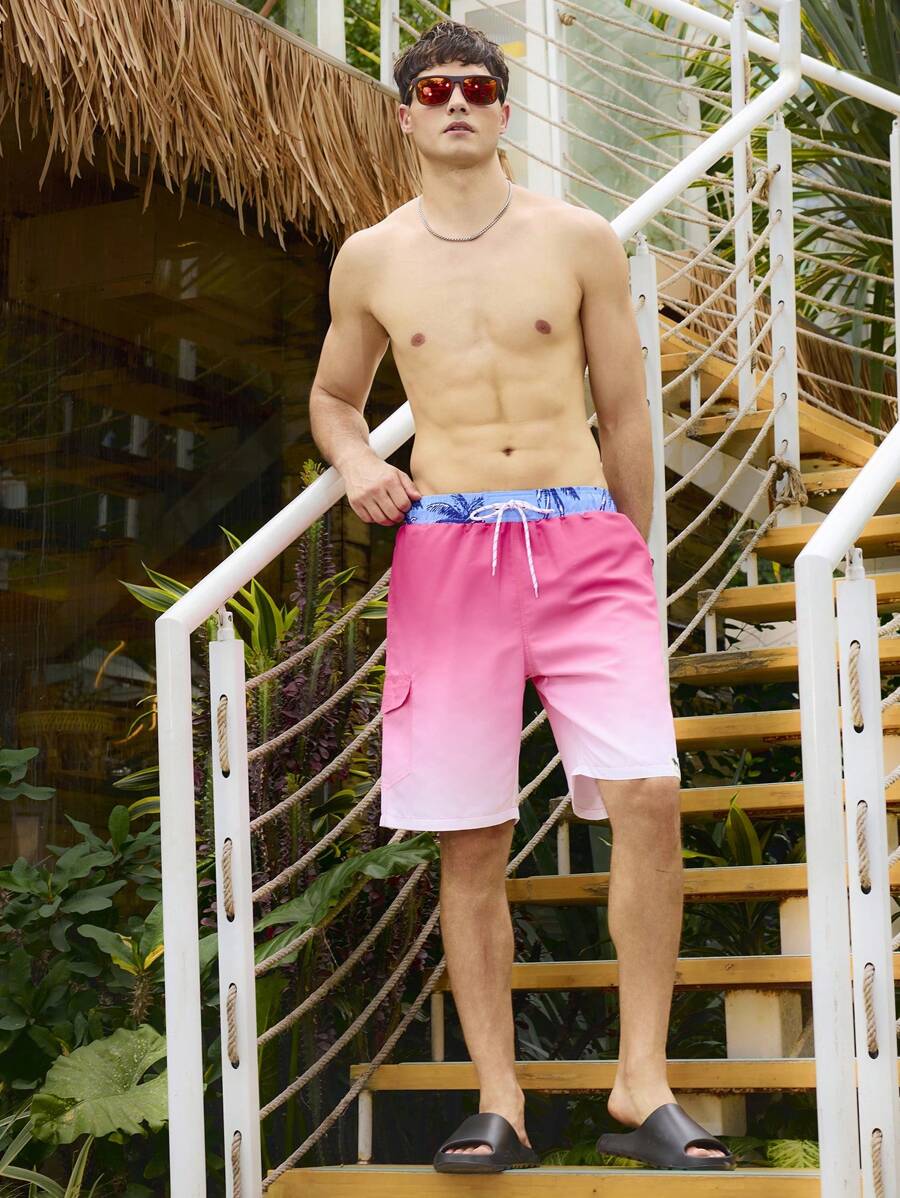 Surfspeed Men's Palm Tree & Fish Printed Drawstring Waist Cargo Pocket Loose Beach Shorts, Vacation - Multicolor - View 1