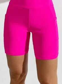 SHEIN Swim 女士纯色比基尼三角裤，带口袋，休闲夏季 - 玫紅色 - 查看 4