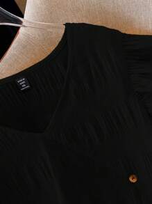 SHEIN LUNE Plus Size Women's Plain And Simple Button Decor Daily Wear Shirt - Black - View 3