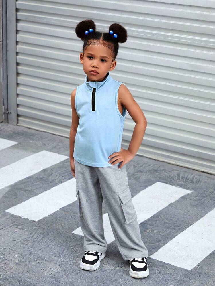Girls' Stand Collar Sleeveless Top With Half Zipper + Casual Sports Pants With Big Pockets, 2pcs/Set