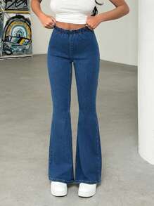 SHEIN Cottnline Quần Jeans Nữ Eo Thấp Eo Co Giãn Chi Tiết Flare Fit - Rửa trung bình - Xem 1