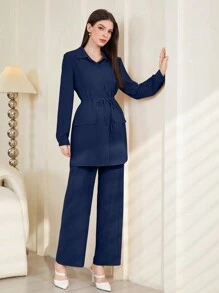 Mulvari Conjunto de 2 piezas de blusa de manga larga y pantalones sencillos y lisos para uso diario para mujer