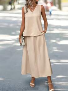EMERY ROSE Bộ váy và áo cổ chữ V không tay thường ngày cho nữ cho mùa hè - Màu be - Xem 1