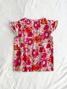 Soleia Blusa de manga corta con estampado floral para vacaciones de verano de mujer con cuello en V entallado y mangas con solapa