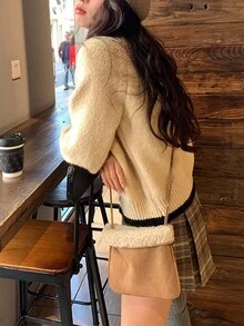 Women Simple Casual Single Breasted Contrast Trim Long Sleeve Cardigan,Long Sleeve Tops - Beige - View 2