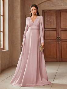 Plunging Neck Long Sleeve Maxi Formal Dress - Baby Pink - View 4