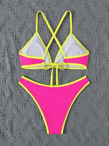 SHEIN Swim Bãi biển mùa hè dành cho nữ Tương phản neon Viền chéo lưng Bộ bikini dây gợi cảm Bộ đồ tắm - Màu Hồng Tươi - Xem 7