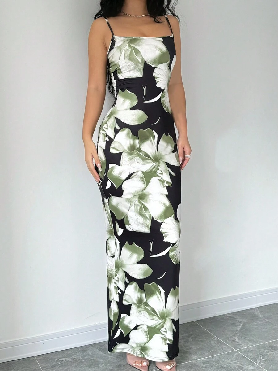 女士随机印花简约休闲夏季吊带裙 - 綠色 - 查看 1