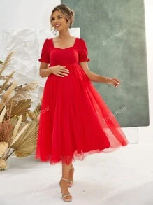 Joyfunear Maternity Solid Color Puff Sleeve Dress