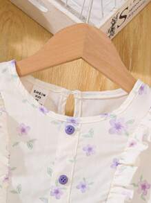 Young Girl Summer Ditsy Floral Patchwork Ruffle Short Puff Sleeve Dress With Bow Decoration, Cute - Apricot - View 4